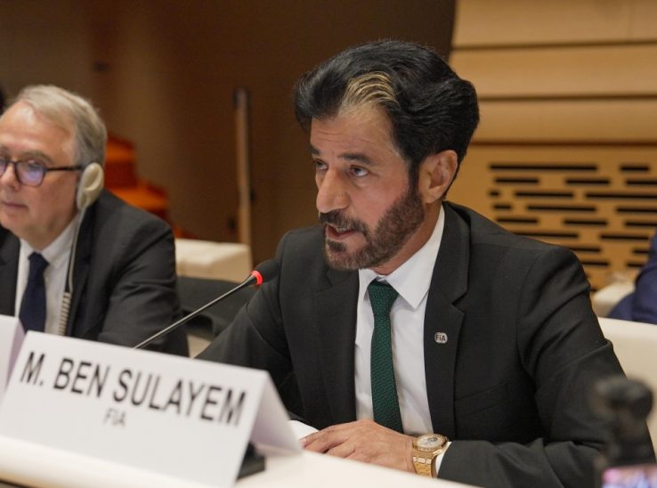 Mohammed Ben Sulayem, președintele FIA, susținând un discurs la Națiunile Unite în cadrul Comitetului pentru Transporturi Interioare (ITC), Geneva