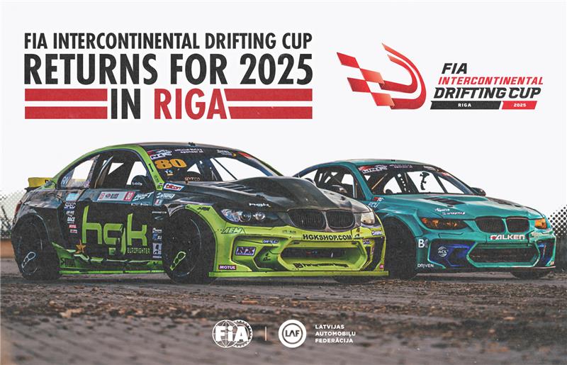 Două mașini de drift în acțiune la FIA Intercontinental Drifting Cup 2025, care va avea loc în Riga, Letonia