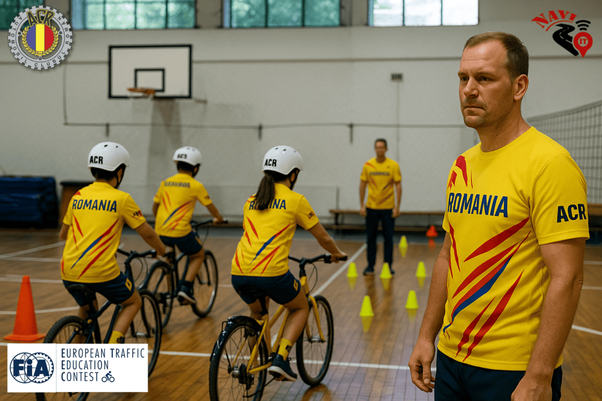 etec-2025-romania-acr-antrenament-ciclism-etec-belgrad Echipa Romaniei la ETEC 2025 in sala de antrenament, copii pe biciclete cu tricouri Romania si casca ACR