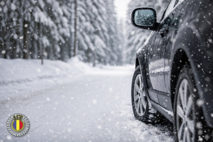 Autovehicul în condiții de iarnă severă, pe drum acoperit de zăpadă