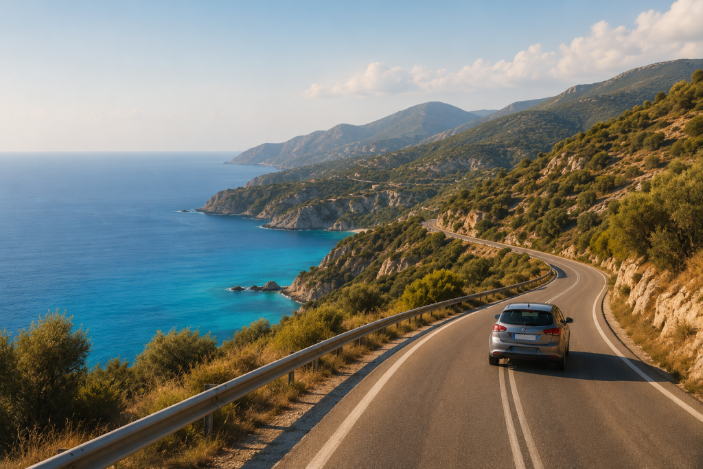 Automobil pe un drum de coastă din Grecia, într-o călătorie cu asistență rutieră ACR